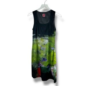 Aventures des Toiles Silk Blend Abstract Art Print Sleeveless Dress Black Green
